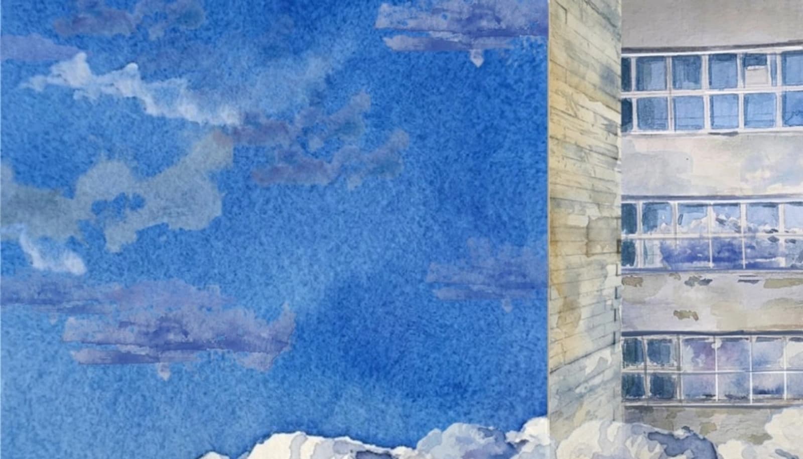 Aquarela com céu azul e fachada de edifício
